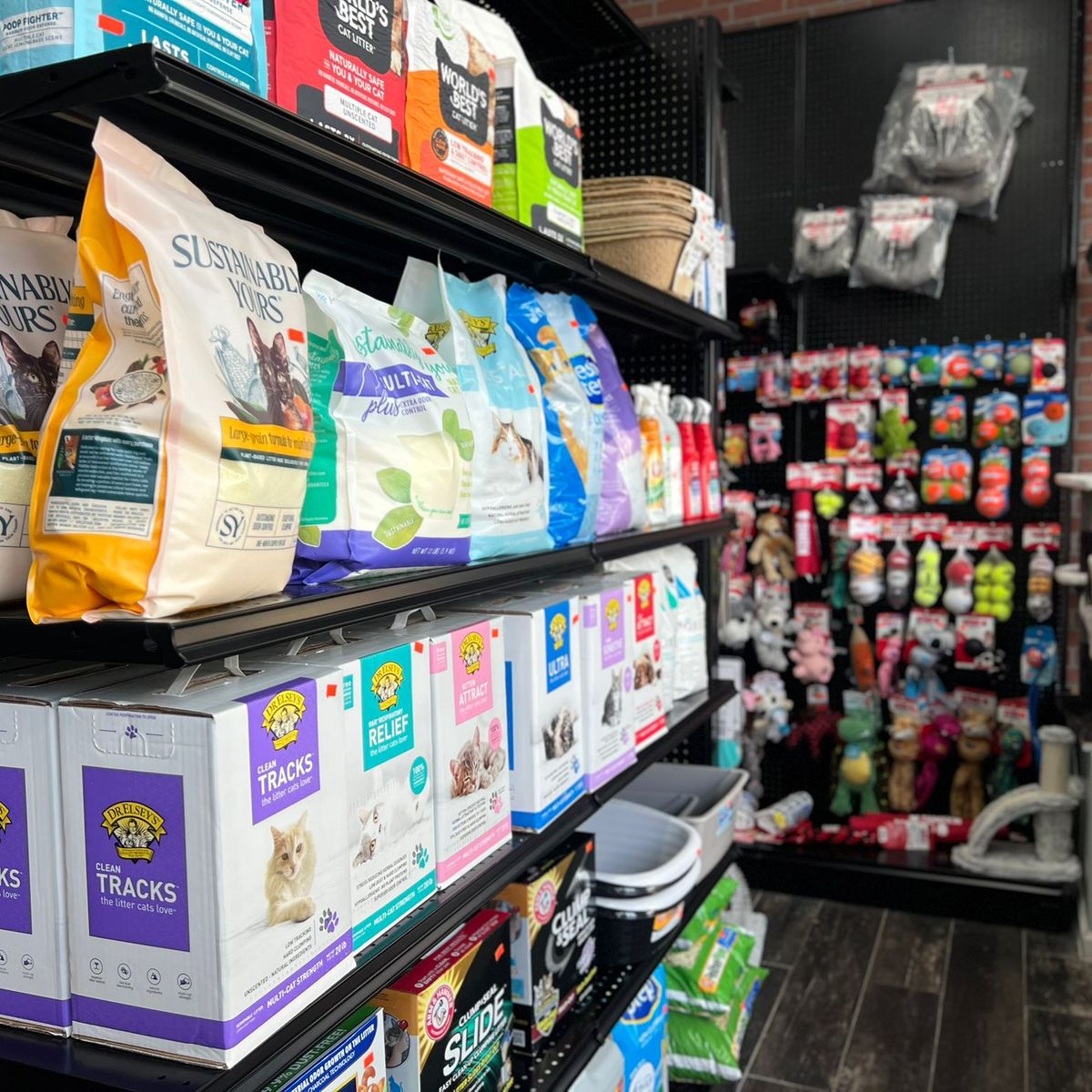 Aisle of pet supplies at the Wilson Avenue store